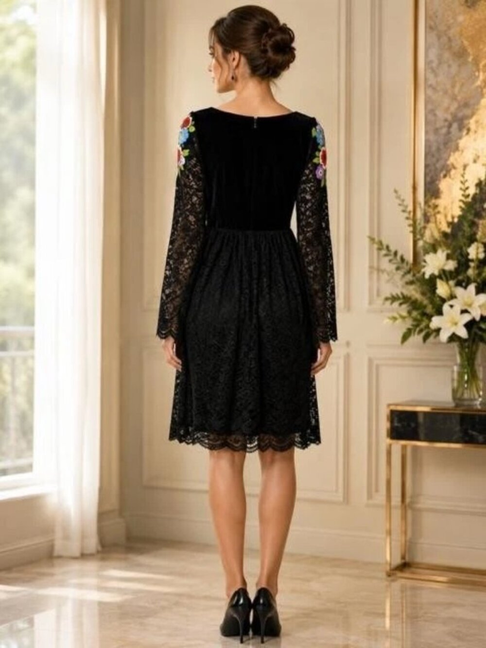 Roja Black Velvet Lace Floral Embroidered Tunic Dress - Picture 2 of 3